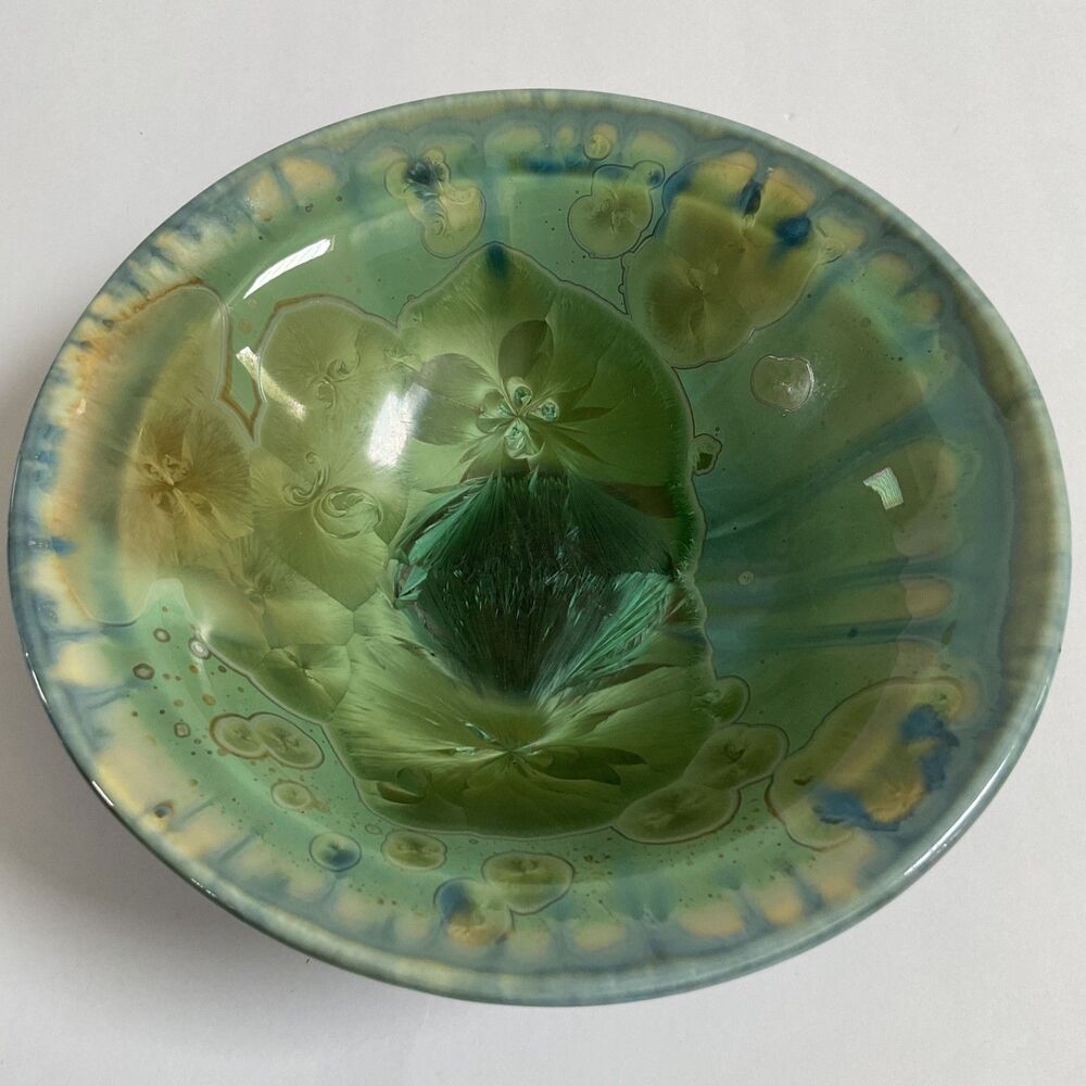Vintage Edgecomb Pottery Maine Crystalline Bowl 6 3/4”  Green Blue